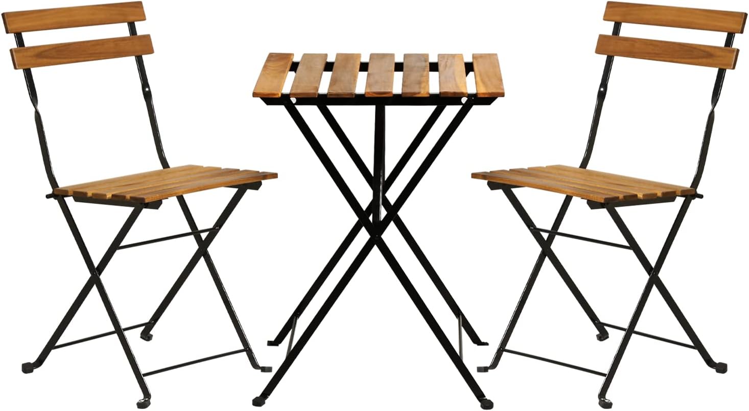 Bistro Table Set - Natural wood 3-piece folding patio bistro
