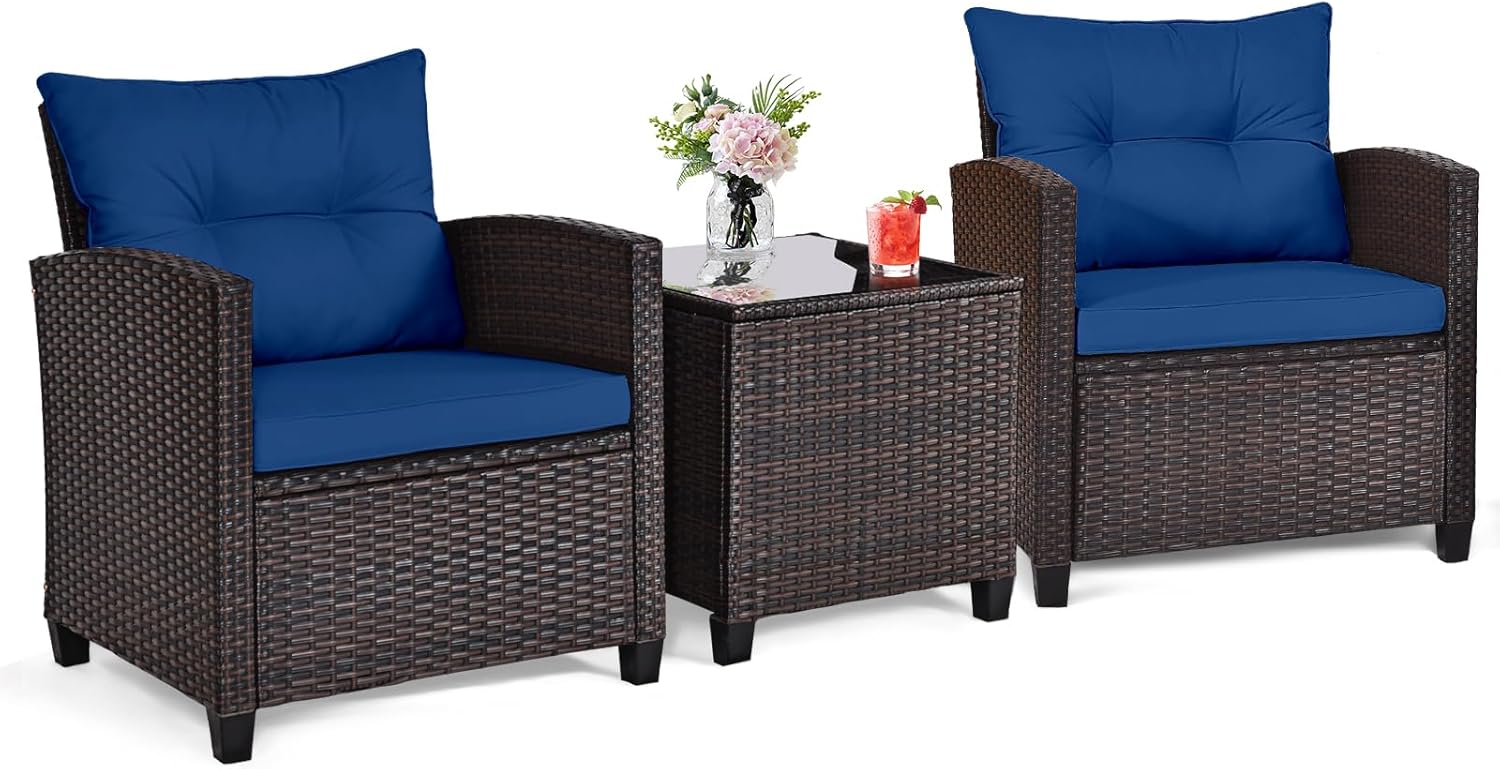 Navy blue rattan wicker 3-piec - Bistro Table Set review and price